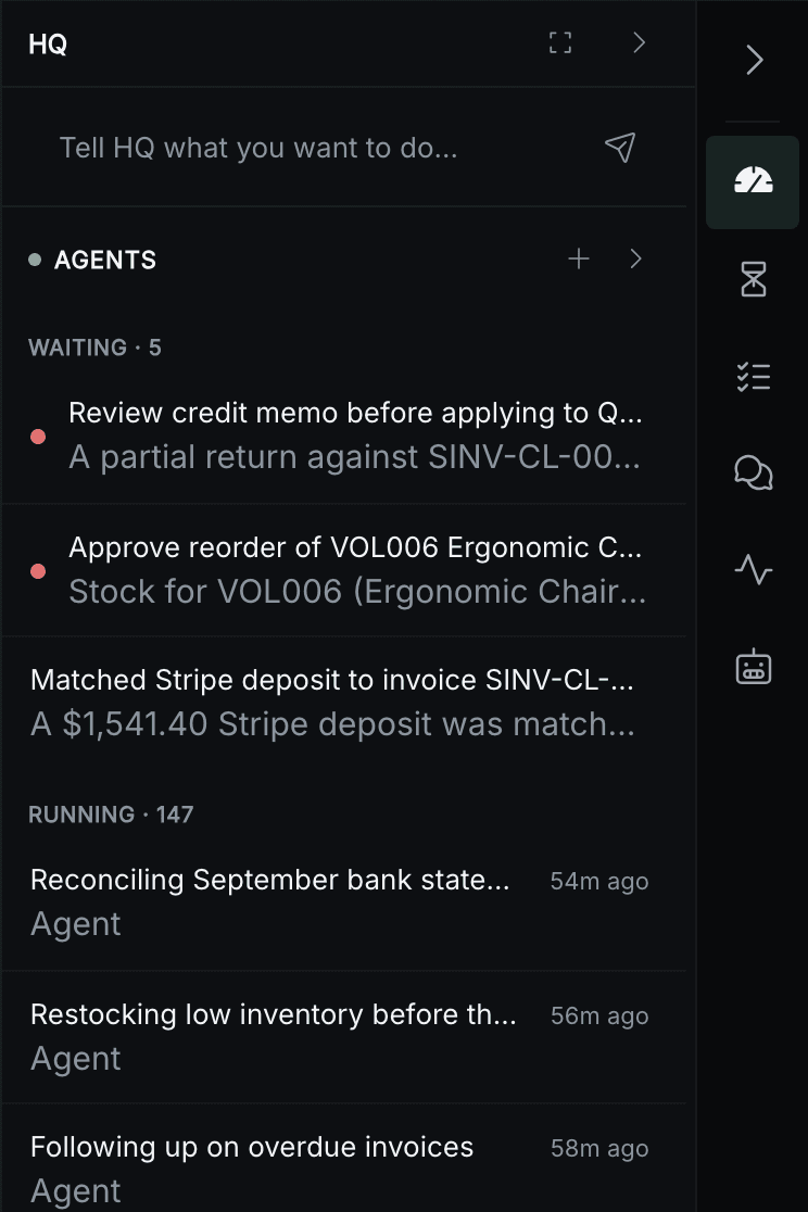 The HQ pane: a box to tell HQ what you want, then its agents — five waiting on a decision, and the ones running, each with how long ago it started.